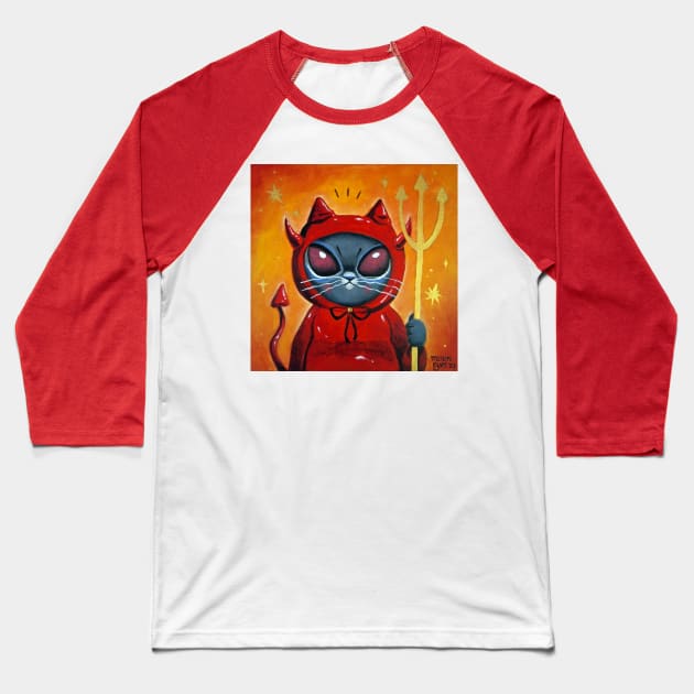 Li'l Devil Cat Baseball T-Shirt by mooneyesart